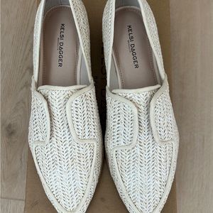 One of a kind Kelsi Dagger Rattan style white loafers.